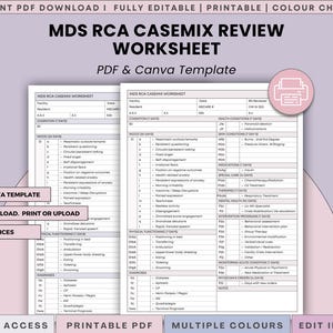 May include: An MDS RCA Casemix Review worksheet template in PDF and Canva format. The document features structured sections for facility details, resident information, cognition, mood, physical functioning, diagnoses, and health conditions.