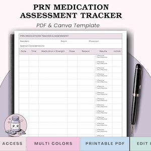 May include: A medication assessment tracker titled "PRN Medication Assessment Tracker" with the text "PDF & Canva Template." The document has sections for resident, room, physician, and medication details. A black pen is on the right.
