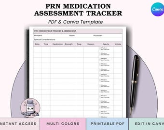 May include: A medication assessment tracker with the title "PRN Medication Assessment Tracker" and the text "PDF & Canva Template." The document includes fields for resident, room, physician, and medication details. A black pen rests on the right.
