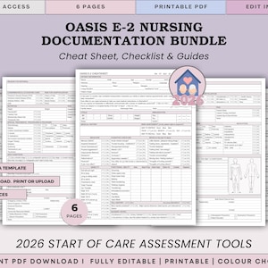 May include: A bundle of nursing documentation tools, including a cheat sheet, checklist, and guides. The documents are in a printable PDF format and are fully editable. The bundle includes 6 pages and offers 3 color choices.