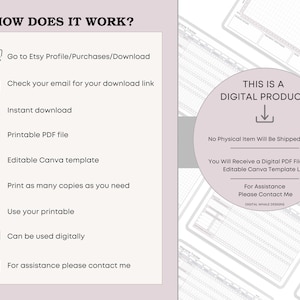 Puede incluir: Gr&aacute;fico de informaci&oacute;n de producto digital con el texto "&iquest;C&oacute;mo funciona?" y "Esto es un producto digital". El gr&aacute;fico explica el proceso de descarga, incluyendo el perfil de Etsy, el correo electr&oacute;nico y el archivo PDF imprimible.