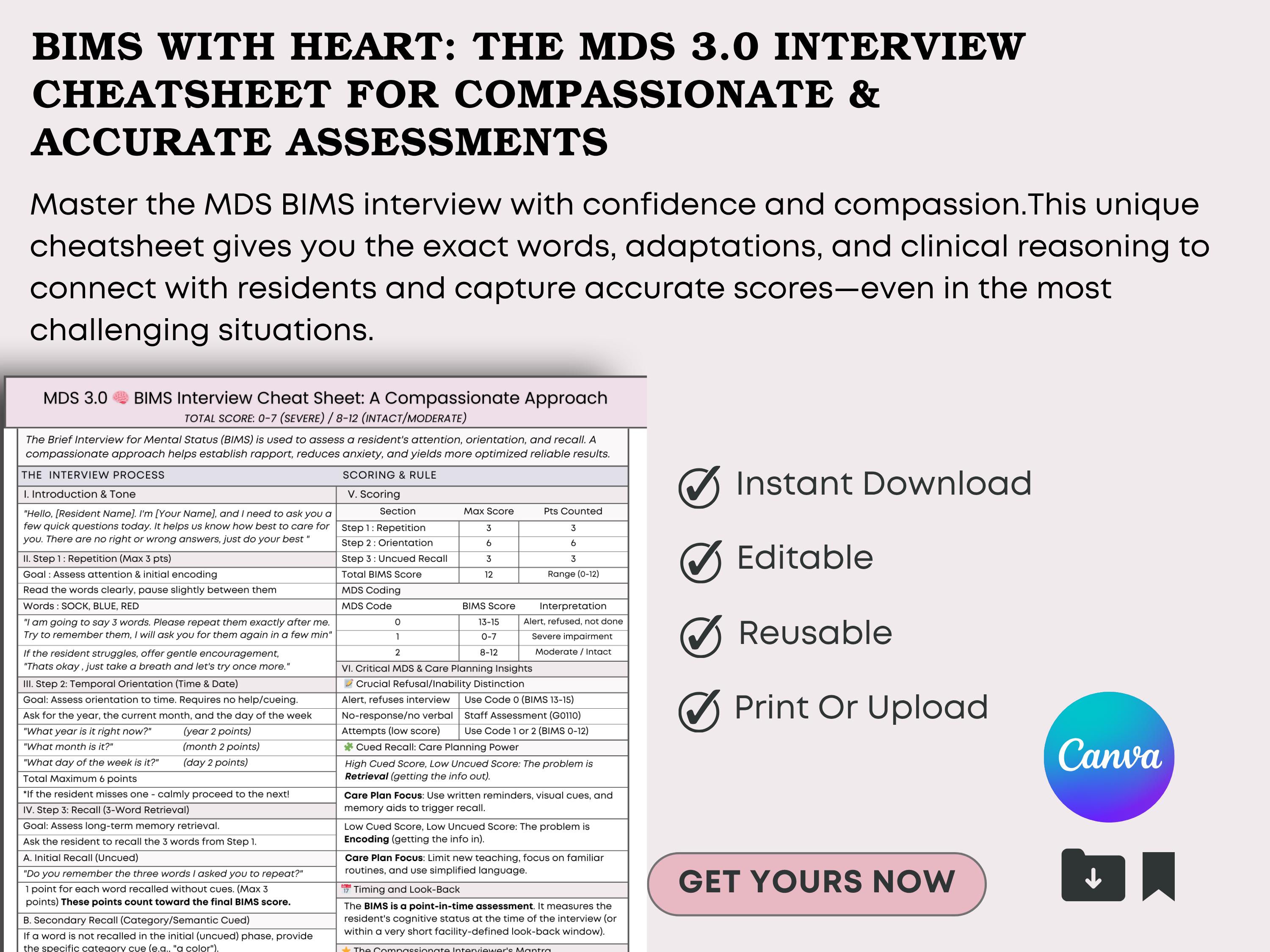 MDS 3.0 BIMS Interview Reference Guide: Assessment Cheatsheet With ...