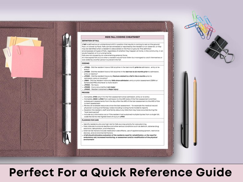 May include: A brown leather binder with a white MDS Fall Coding Cheatsheet. The binder contains pink sticky notes and a silver pen. A black pen and pencil are on the right. The text at the bottom says "Perfect For a Quick Reference Guide."