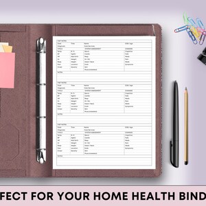 May include: A brown leather binder with a three-ring mechanism, open to reveal lined pages with medical assessment forms. Pink and yellow sticky notes are in the binder pocket. A black pen, a pencil, and colorful paper clips are on the side. Text at the bottom reads: PERFECT FOR YOUR HOME HEALTH BINDERS.