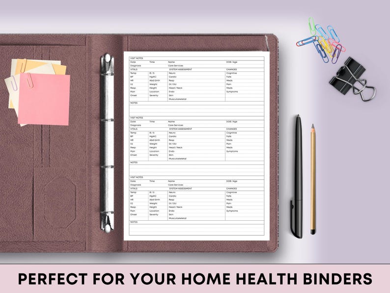 May include: A brown leather binder with a three-ring mechanism, open to reveal lined pages with medical assessment forms. Pink and yellow sticky notes are in the binder pocket. A black pen, a pencil, and colorful paper clips are on the side. Text at the bottom reads: PERFECT FOR YOUR HOME HEALTH BINDERS.