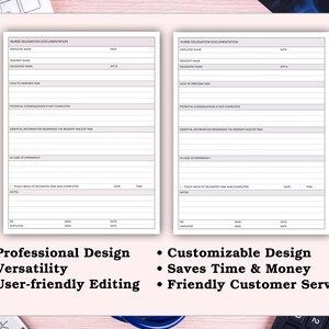 May include: Two white Nurse Delegation Documentation forms with text fields and lines. The forms are on a light pink surface. Below the forms are bullet points with text: Professional Design, Versatility, User-friendly Editing, Customizable Design, Saves Time & Money, and Friendly Customer Service.