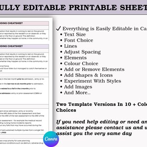 May include: Printable sheets with the text "FULLY EDITABLE PRINTABLE SHEETS" and "MDS FALL CODING CHEATSHEET". The sheets are easily editable in Canva, with options for text size, font, lines, and more. Includes a Canva logo.