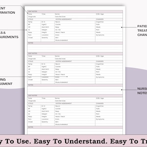 May include: A white medical form with sections for patient information, vitals, and nursing assessments. The form includes text such as "Visit Notes," "Vitals & Measurements," and "Easy To Use. Easy To Understand. Easy To Track."