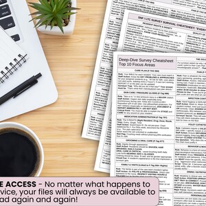May include: A workspace scene featuring a laptop, notepad, pen, and a cup of coffee. Several printed sheets with text are visible, including a "Deep-Dive Survey Cheatsheet" and "SNF/LTC Survey Survival Cheatsheet". The image includes the text "LIFETIME ACCESS - No matter what happens to your device, your files will always be available to download again and again!"