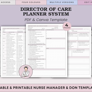 Könnte beinhalten: Ein "Director of Care" Planersystem mit PDF- und Canva-Vorlage. Das Bild zeigt vier Seiten mit Checklisten und Formularen. Der Text enthält "Sofortiger Zugriff", "Vier Farben" und "Mehrere Versionen".