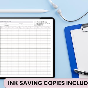 May include: A black tablet displays a medication chart with sections for patient information, dose, route, and frequency. A white stylus, stethoscope, and clipboard with a pen are also visible on a light blue surface. Text on the tablet reads "PRN Medication Chart" and "Medication Administration Record."