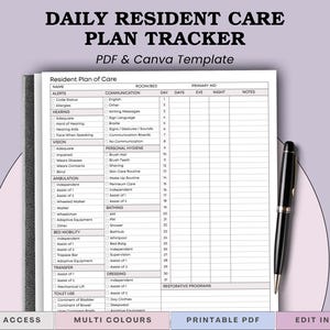 Pode incluir: Um modelo de Daily Resident Care Plan Tracker com o texto "PDF & Canva Template". O documento inclui seções para alertas, comunicação, audição, visão, deambulação, mobilidade na cama, transferência e uso do banheiro. Uma caneta preta repousa no lado direito.