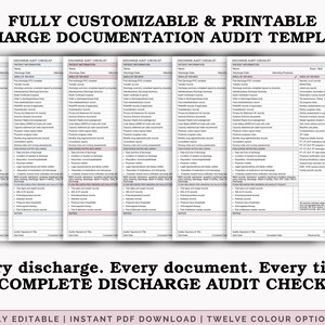 Może przedstawiać: Drukowany szablon listy kontrolnej audytu wypisu z tekstem "FULLY CUSTOMIZABLE & PRINTABLE DISCHARGE DOCUMENTATION AUDIT TEMPLATES". Lista kontrolna zawiera sekcje dotyczące informacji o pacjencie i obszaru przeglądu. Widoczny jest r&oacute;wnież tekst "Every discharge. Every document. Every time. THE COMPLETE DISCHARGE AUDIT CHECKLIST".