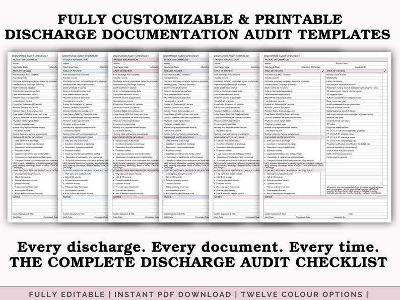 Może przedstawiać: Drukowany szablon listy kontrolnej audytu wypisu z tekstem "FULLY CUSTOMIZABLE & PRINTABLE DISCHARGE DOCUMENTATION AUDIT TEMPLATES". Lista kontrolna zawiera sekcje dotyczące informacji o pacjencie i obszaru przeglądu. Widoczny jest r&oacute;wnież tekst "Every discharge. Every document. Every time. THE COMPLETE DISCHARGE AUDIT CHECKLIST".