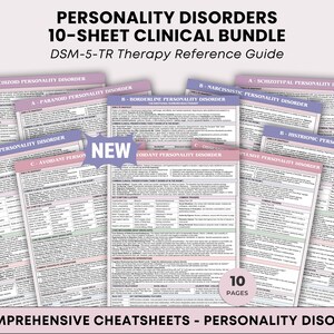 May include: A set of 10 clinical cheat sheets covering personality disorders, such as Schizoid, Paranoid, and Borderline. Each sheet is labelled with a disorder name and contains detailed information. The word "NEW" is visible.