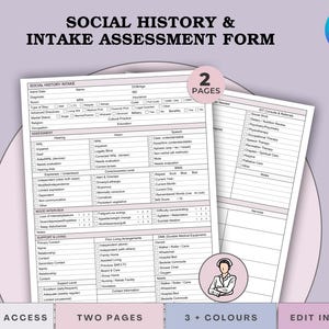 Può includere: Un modulo di valutazione della storia sociale e dell'assunzione di due pagine con uno sfondo viola chiaro. Il modulo include sezioni per la storia sociale, la valutazione, il colloquio sull'umore e il supporto e la vita. Il testo "Accesso immediato", "Due pagine", "3 + colori" e "Modifica in Canva" è incluso.