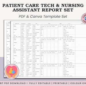Patient Care Tech & Nurse Assistant Report Sheet, PCT, CNA, Nurse Aid Multiple Patient Organizer, Vital Signs, Shift Handoff, Pdf + Canva