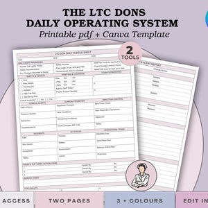 May include: A printable PDF and Canva template titled "The LTC Dons Daily Operating System." The design features two sheets with checklists and sections for daily tasks, clinical alerts, and incident reports. The image includes the text "Instant Access," "Two Pages," "3+ Colours," and "Edit in Canva."