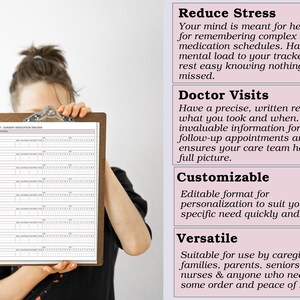 May include: A person holding a wooden clipboard with a medication tracker. The tracker has rows for recording medication details. Text on the right highlights benefits: reducing stress, aiding doctor visits, customization, and versatility.