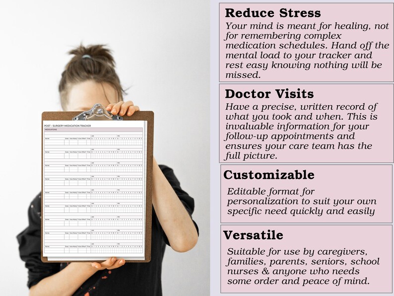 May include: A person holding a wooden clipboard with a medication tracker. The tracker has rows for recording medication details. Text on the right highlights benefits: reducing stress, aiding doctor visits, customization, and versatility.
