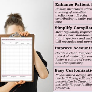 May include: A wooden clipboard holds a printed form labeled "Individual Narcotic Count Record." The form has columns for tracking medications. Text on the right highlights patient safety, compliance, accountability, and customization.