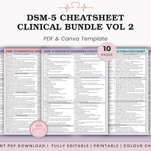 May include: A bundle of 10-page DSM-5 cheatsheets, a PDF and Canva template. The title reads "DSM-5 CHEATSHEET CLINICAL BUNDLE VOL 2". The sheets cover various disorders, with the Canva logo in the upper right corner.