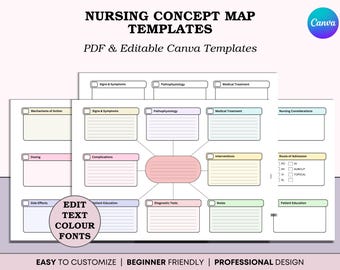 Mappe concettuali infermieristiche - Farmacologia, Fisiologia, Modelli vuoti - Strumenti di studio per la scuola infermieristica (stampa PDF + Canva)