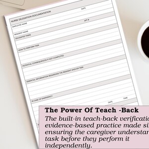 May include: A white nurse delegation documentation form with gray lines and text, including fields for employee and resident information. A cup of black coffee sits to the right. The form includes the text "The Power Of Teach -Back".