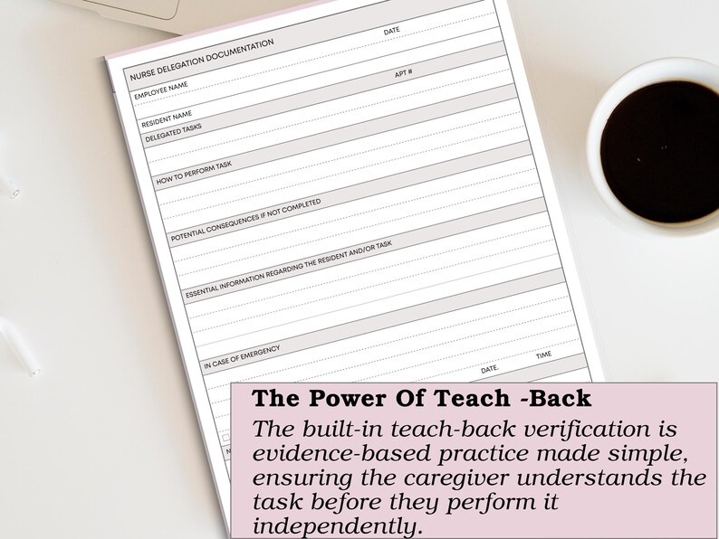 May include: A white nurse delegation documentation form with gray lines and text, including fields for employee and resident information. A cup of black coffee sits to the right. The form includes the text "The Power Of Teach -Back".