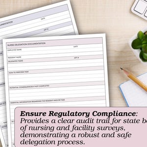 May include: Two sheets of Nurse Delegation Documentation forms with fields for employee and resident information. A small succulent plant, a pencil, and a notepad are on the desk. The forms ensure regulatory compliance.