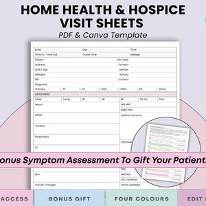 Home Health & Hospice Visit Sheet, Patient Assessment Visit Nurse Notes, In-Home Pain, Symptom and Therapy Notes, Mileage Log, PDF + Canva