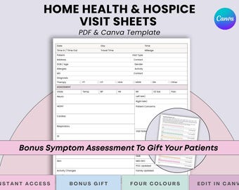 Home Health & Hospice Visit Sheet, Nurse Assessment Notes (PDF + Canva)