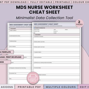 May include: A two-page MDS Nurse Worksheet Cheat Sheet template featuring sections for resident information and assessment categories. The document includes fields for health conditions, cognitive patterns, and functional status, designed for clinical data collection.