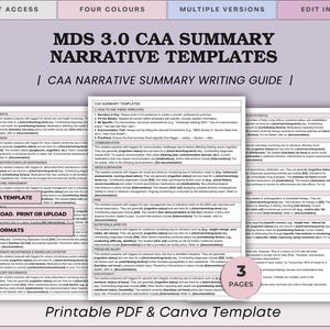 Puede incluir: Una plantilla PDF y Canva imprimible para plantillas narrativas de resumen CAA MDS 3.0. El documento incluye una guía de escritura de resumen narrativo CAA, disponible en cuatro colores y múltiples versiones. Ofrece acceso instantáneo, plantillas de Canva editables y formatos AM/PM y 24 horas.