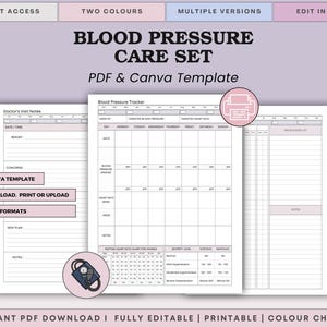 May include: A Blood Pressure Care Set template featuring a Blood Pressure Tracker, Doctor's Visit Notes, and a medication list. The document includes tables for daily readings, heart rate, and notes, with a printer icon and blood pressure cuff graphic.