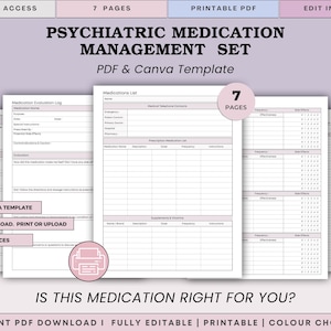 May include: A Psychiatric Medication Management Set template in PDF and Canva format. The design includes several pages with forms for medication evaluation, lists, and instructions. The template is available in 3 colour choices and is instantly downloadable.