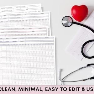 May include: A medical-themed image featuring medication administration record sheets, a stethoscope, and a red heart-shaped object. The text "CLEAN, MINIMAL, EASY TO EDIT & USE" is displayed at the bottom. The stethoscope is black and silver.
