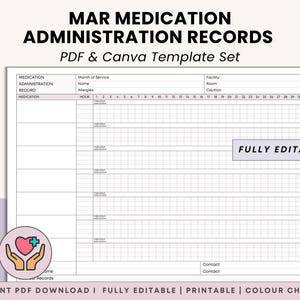 MAR Monthly Medication Administration Record Printable PDF Template, Daily & Monthly RX Tracker, Nurse Medicine Log for Patient Care - Canva