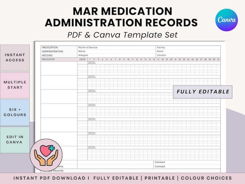 May include: A printable MAR (Medication Administration Record) template set, available as a PDF and Canva template. The design includes sections for medication, allergies, and hourly administration details. Features include instant access, multiple start options, and six color choices.