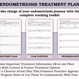 Puede incluir: Un completo kit de herramientas para el plan de tratamiento de la endometriosis. La imagen muestra tres p&aacute;ginas imprimibles: un plan de tratamiento, una descripci&oacute;n general del plan y notas de progreso. El texto incluye "Toma el control de tu viaje de endometriosis con este completo kit de seguimiento."