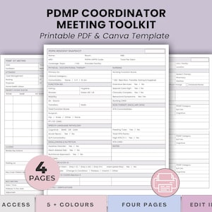 以下が含まれることがあります： 「PDMP Coordinator Meeting Toolkit」というタイトルの、印刷可能なPDFとCanvaテンプレート。このドキュメントには、居住者のスナップショット、理学療法、看護機能のフォームが含まれています。デザインにはCanvaのロゴが含まれており、テキストは即時アクセス、5色以上、4ページ、Canvaで編集可能であることを示しています。
