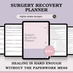 Könnte beinhalten: Ein digitaler, druckbarer Planer für die Genesung nach einer Operation. Der Planer hat ein rosa-weißes Farbschema und umfasst Abschnitte für Schmerzmanagement, Medikamente, Termine und mehr. Der Text auf dem Planer lautet "Surgery Recovery Planner" und "Healing is hard enough without the paperwork mess".
