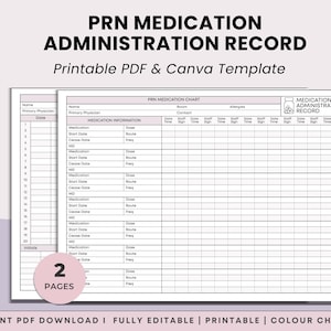 May include: A printable PRN Medication Administration Record template. The document includes fields for medication information, dose, route, and frequency. The template is available as a PDF and Canva template.