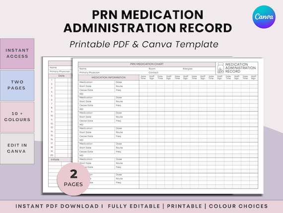 PRN Medication Administration Record Template - Printable MAR Sheets For Nursing Homes & Caregivers -PDF +Canva