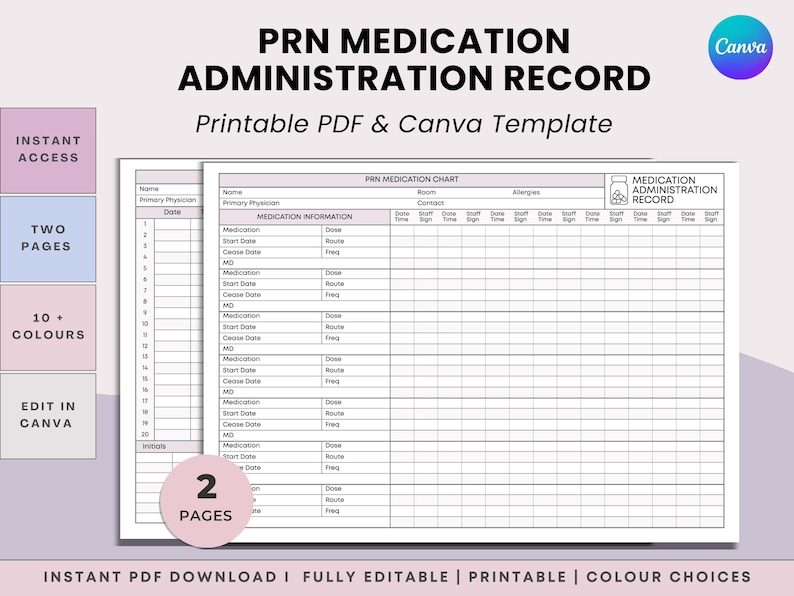 May include: A printable PRN Medication Administration Record template. The document includes fields for medication information, dose, route, and frequency. The template is available as a PDF and Canva template.