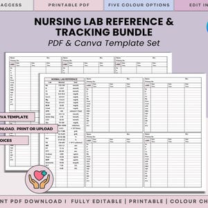 May include: A printable PDF and Canva template set titled "Nursing Lab Reference & Tracking Bundle." The document features a white background with black text, including a "Normal Lab Reference" section. The design includes a Canva logo and offers multiple color options.