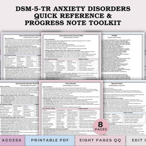 May include: A digital toolkit titled DSM-5-TR Anxiety Disorders Quick Reference & Progress Note Toolkit, featuring eight pages of clinical information, symptom clusters, and therapeutic mechanisms for various anxiety disorders in a PDF format.