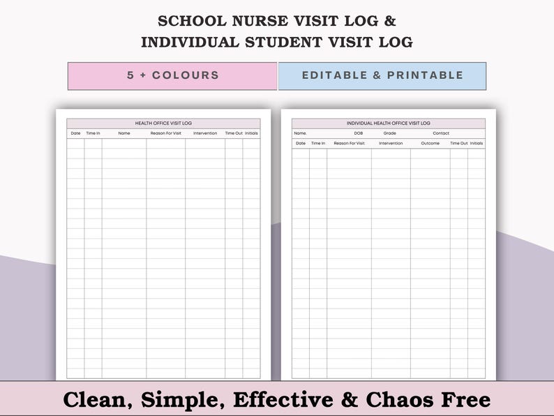 School Nurse Office Visit Log Templates - Individual Student & Health ...