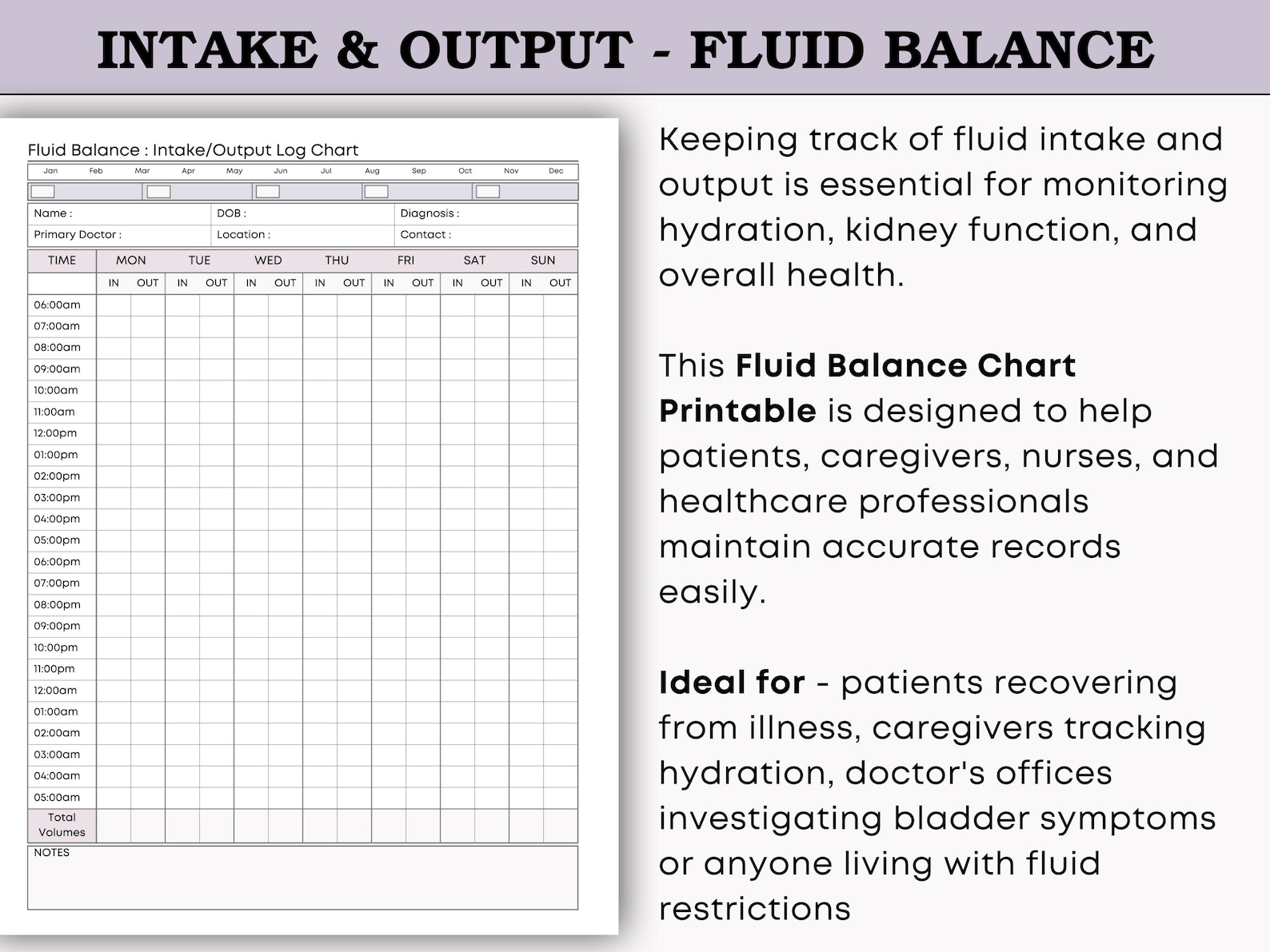 Fluid Balance Chart Printable - Daily Intake & Output Tracker - for ...