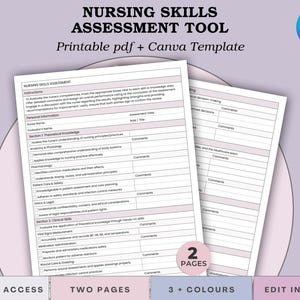 May include: Two-page nursing skills assessment tool with a light purple background. The text "NURSING SKILLS ASSESSMENT TOOL" is at the top. The document includes sections for theoretical knowledge and clinical skills. The Canva logo is in the upper right corner.